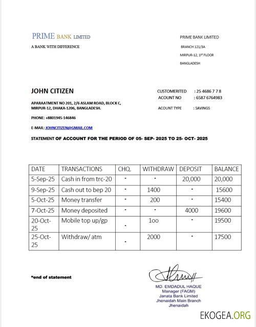 Bangladesh Prime Bank Limited relevé de compte Modèle Word et PDF template